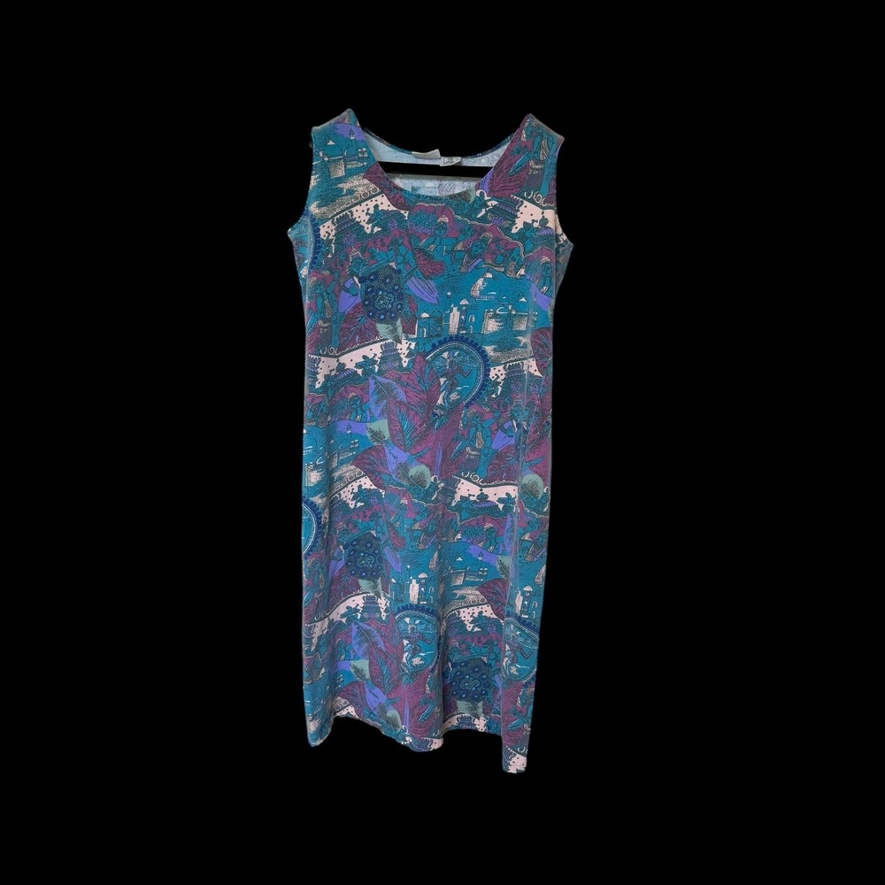 90's Chicos Design Cotton Novelty Print Sleeveless Shift Dress One Size OSFA